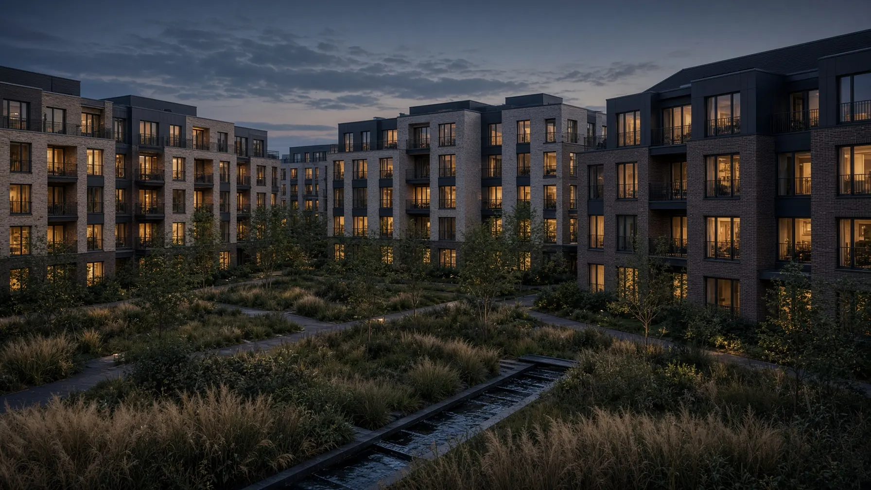 Completed housing courtyard at dusk.