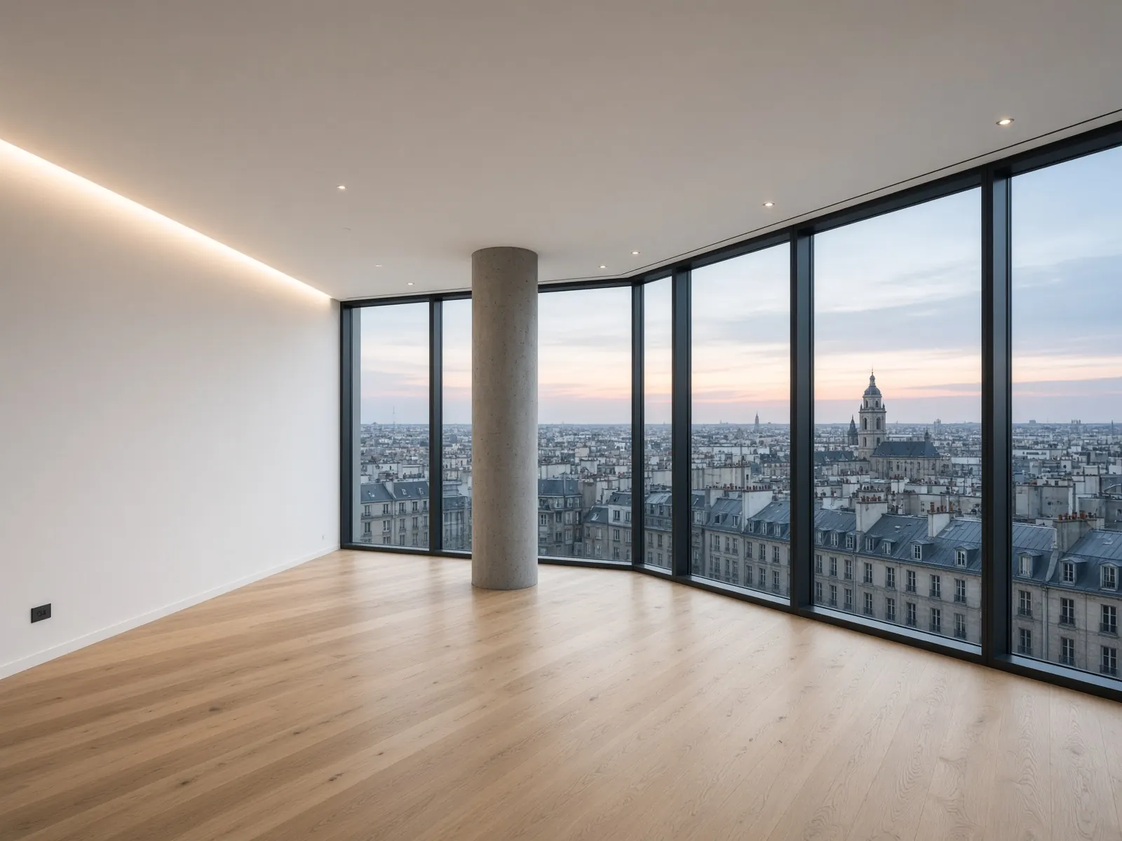 Interior of a contemporary apartment with pale stone and warm wood.