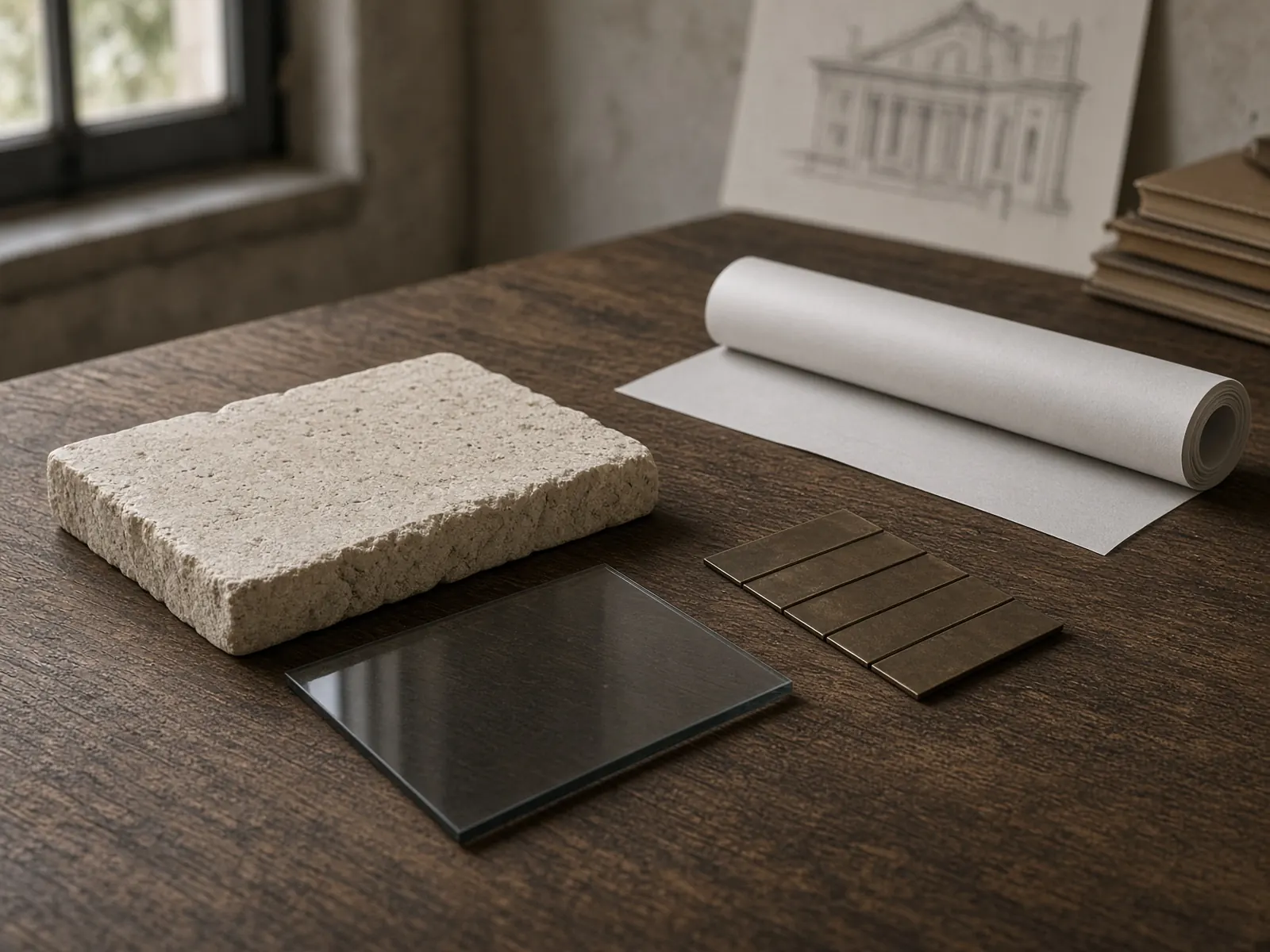 Material samples of stone, glass and bronze on a studio table.